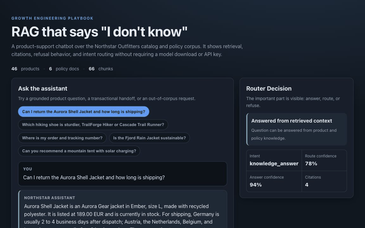 RAG Product Chatbot showing a grounded answer with citations and a router decision panel