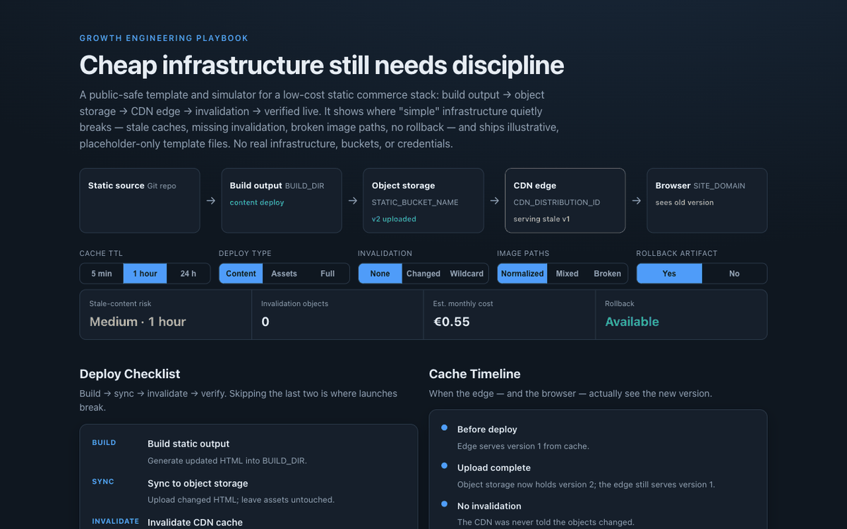 Static Commerce Stack showing the deploy pipeline, cache controls, risk panel, and cost estimate